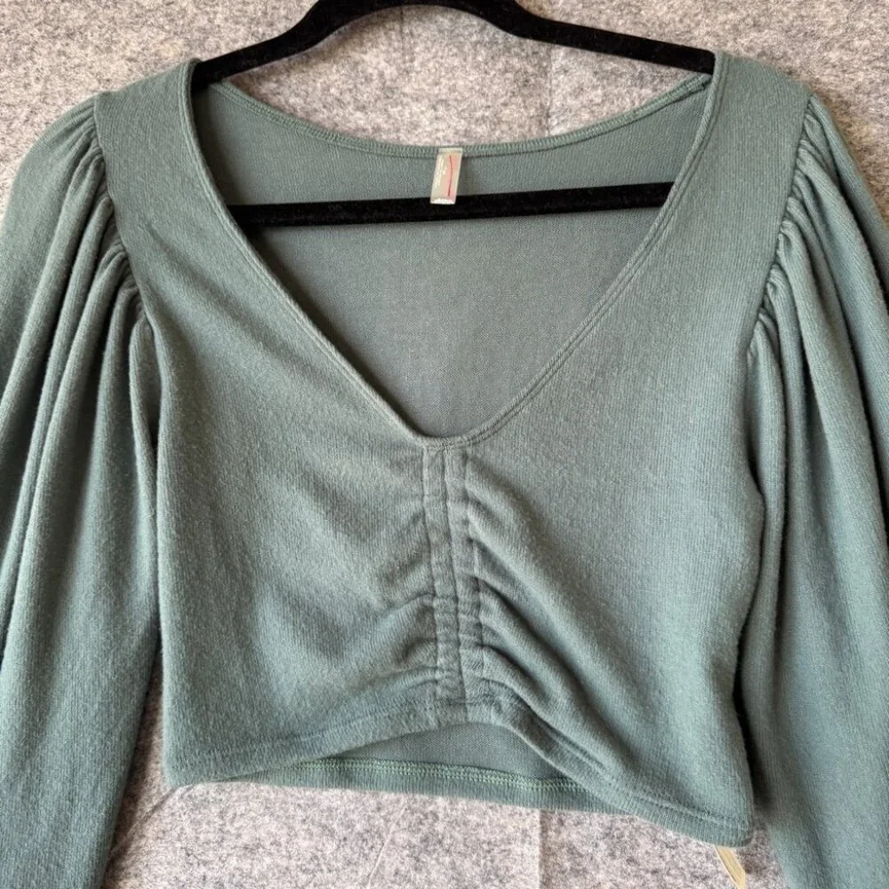 Intimately Free People Green Puff Sleeve Modal Ruched Front Crop Top Size XS